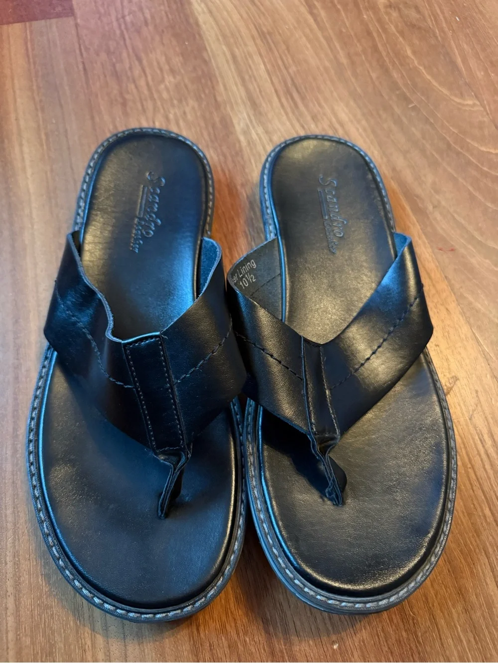 Scandro Men’s Black Leather Thong Sandals with Stitched Sole